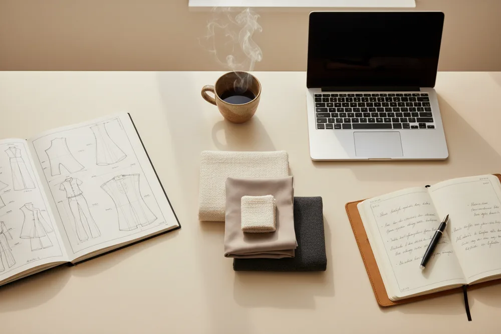 A wardrobe planning workspace with a notebook, fabric samples and laptop