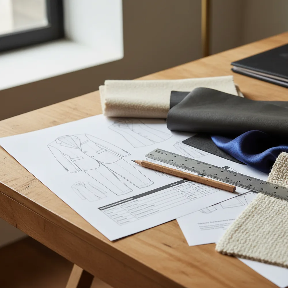 Garment sketches, a ruler and fabric samples on a worktable