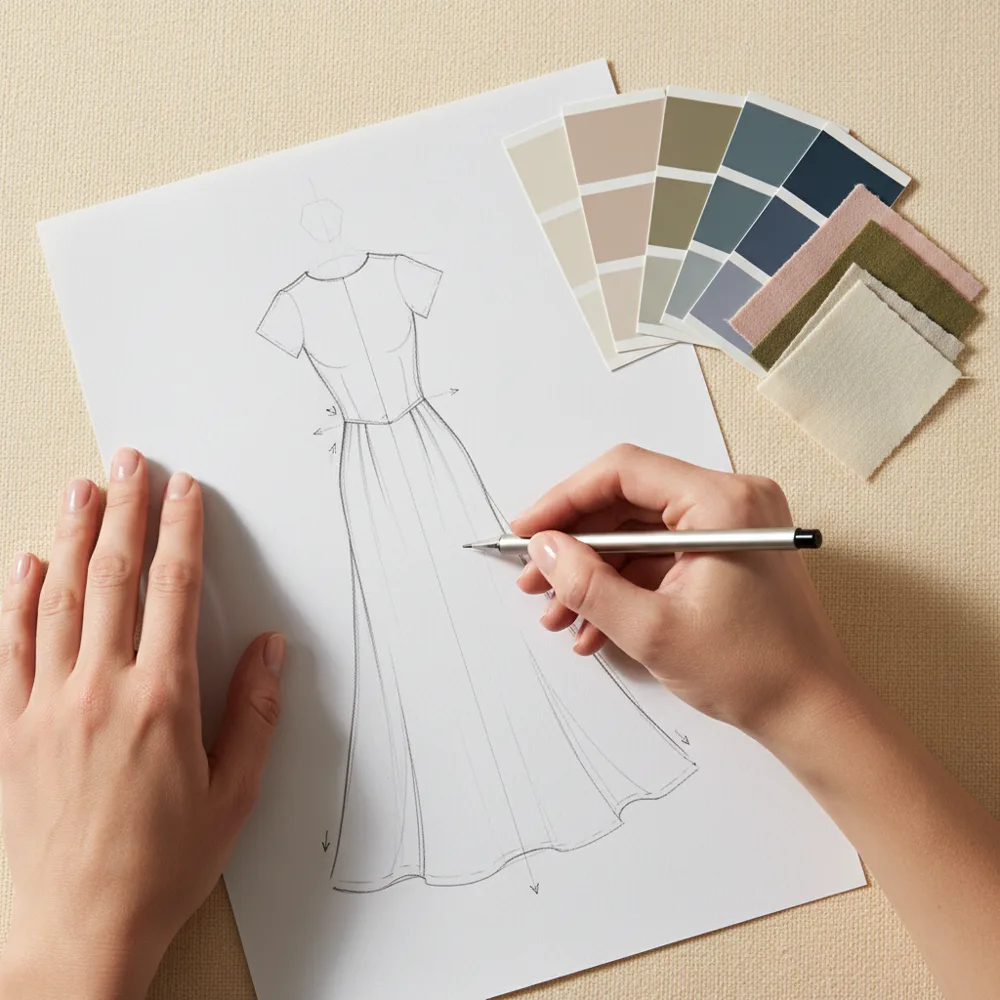 A clothing sketch alongside colour palettes and fabric samples