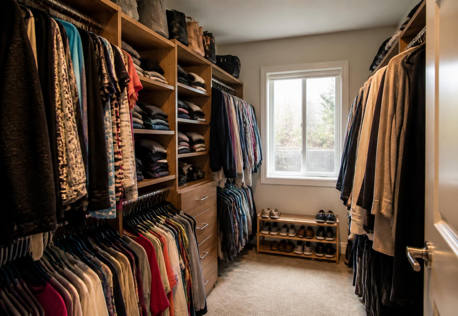 A full, clean but lived-in walk-in closet in an ordinary suburban home: densely packed rails of everyday clothing, stacked folded knitwear, bags on the upper shelf and shoes on a low rack, lit by a small window